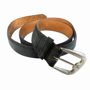 Black Leather Belt Silver Metal Buckle Roughout Suede Style Tan Lined Sz 33w